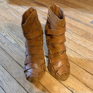 Liliana Brown Suede Stiletto Strappy Women's Booties Heels 7